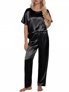 DAKIMOE Womens Silk Satin Pajama Set Short Sleeve Shirt with Long Pajamas Pant Set Two-piece Pj Sets Soft Sleepwear Loungewear Nightwear Pjs S-2XL, Black, M - Walmart.com