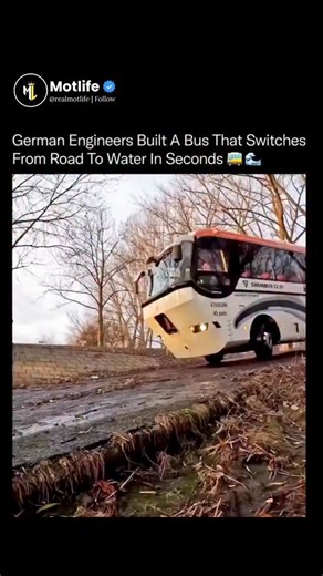 Motlife on Instagram: "German Engineers Built a Bus That Transforms From Road Vehicle to Boat Almost Instantly. 😳⚙️ This amphibious vehicle is engineered with a sealed hull, reinforced drivetrain, and integrated water propulsion, allowing it to transition from asphalt to river without stopping, switching vehicles, or unloading passengers. The wheels retract, the propulsion system engages, and the bus operates like a marine vessel while maintaining full steering and stability, all controlled fro