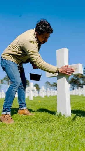 Alex Sabga-Brady, who played Frank Mellett in Band of Brothers, honors the only original member of Easy Company buried at the Normandy American Cemetery. Alex is rubbing sand from Omaha Beach into Terrence’s name engraving on white Italian marble, which is a tradition for families visiting Normandy to honor the fallen. #dday #NormandyTrip #WW2History #NormandyInvasion #DdayAnniversary #WW2Travel #NormandyBeaches #DdayLandings #WW2Normandy #NormandyTour #DdayMemorial #WW2Sites #NormandyHistory #D