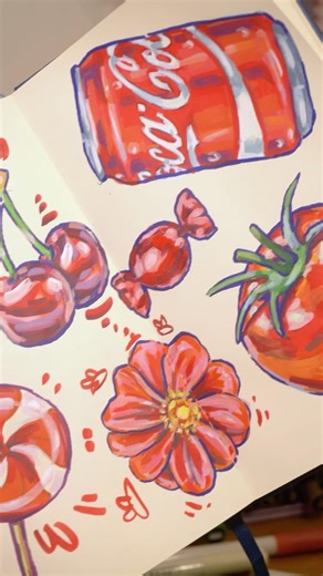 Finished red sketchbook spread with acrylic markers #dailydrawing