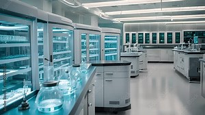 Biotechnology lab with digital microscopes and molecular screens