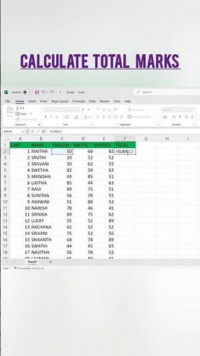 Calculate the Total Marks by using Formula in excel sheet #excel #exceltips#marks #tipsandtricks
