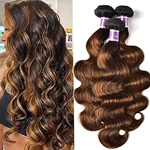 UNICE Brown Highlight Body Wave Human Hair Weave 3 Bundles 16 18 18 inches, Brazilian Remy Hair Ombre Blonde Human Hair Wavy Weaves Sew in FB30 Piano Color