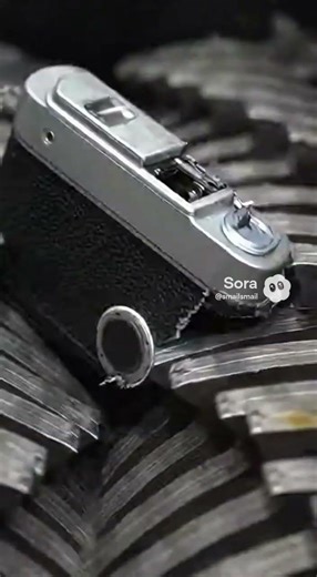 Industrial shredder destruction, vintage film camera pulled into massive rotating