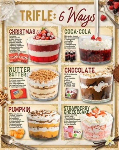 Layered, luscious, and downright dreamy — here are 6 irresistible trifles to make your dessert table sparkle! 🍓🍫✨ Perfect for holidays, potlucks, or anytime you want a show-stopping sweet with almost no effort. Ingredients 🥄 Holiday Trifle 6 ounces red gelatin (strawberry or raspberry) 1 cup boiling water 1 cup cold water 1 large sponge cake, cut into cubes ½ cup cranberry juice 6.8 ounces vanilla or white chocolate instant pudding mix (two 3.4-ounce packages) 4 cups cold whole milk ½ cup pow