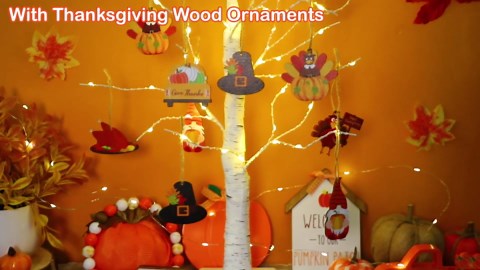 [Timer] Thanksgiving Birch Tree Lights, 24" Lighted Birch Tree with 24 PCS Fall & Thanksgiving Hanging Ornaments, Battery Operated BirchTree Fall Thanksgiving Decorations Indoor Table Bedroom Home
