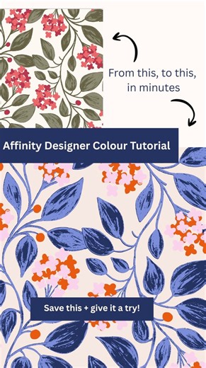 Jennifer Ann on Instagram: "Are you an Affinity Designer user and you want to change the colour palette of your design quickly? I’ve got you! Whether you are updating your portfolio, designs on POD, or a client has requested a colour change, knowing how to quickly and efficiently recolour your designs is an important skill to have as a Surface Designer. Follow the steps in this tutorial and give it a try! This method works on even the most complicated designs with lots of layers. ** This tutoria