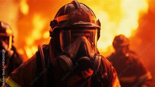 A firefighter wears a gas mask while working near a fire
