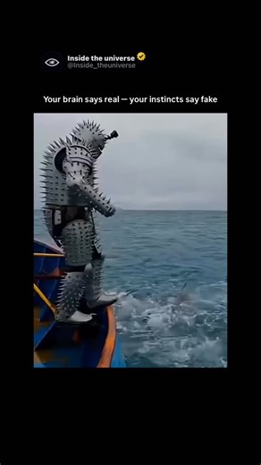 Ꮢᥲꪜι 💐 on Instagram: "A viral video shows a man jumping from a boat into the ocean while wearing a heavy, spike-covered metal suit that looks like a floating cactus. Underwater, several sharks circle him but keep their distance, seemingly pushed away by the sharp design, as he swims back to the surface unharmed. Shared in late December, the clip spread fast and pulled in hundreds of thousands of views, but many viewers questioned whether it was real, pointing to the suit’s strange buoyancy and