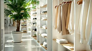Luxurious walk-in closet with elegant white shelving, hanging clothes, and potted palm tree, bright modern interior design featuring minimalist organization and natural elements