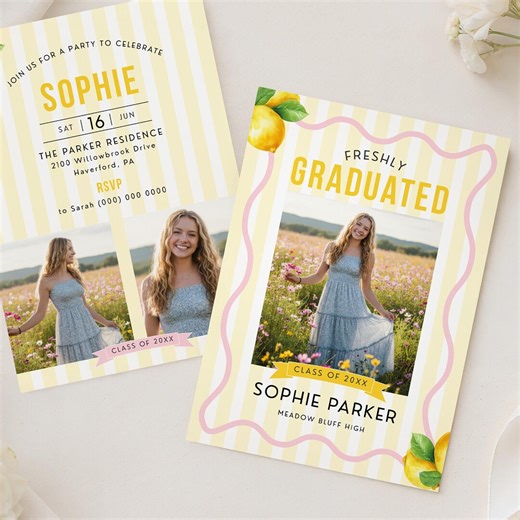 Graduation Party Invitation Template: Freshly Graduated Lemon and Pink Canva Template - Etsy