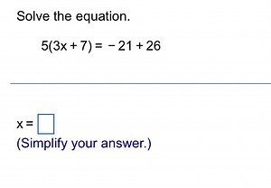 Solve the equation. \begin{array} { l } 5 ( 3 x + 7 ) = - 21 + ... | Filo