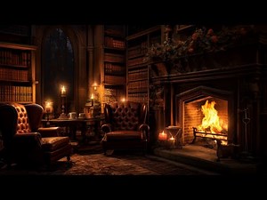 Cozy Old Library Room Ambience with Rich and Warm Fireplace Sounds for Six Soothing Hours