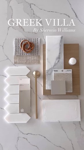 Greek Villa by Sherwin Williams 🤍 Greek Villa by @sherwinwilliams is the perfect name for this color as it is a beautiful calming creamy white! Visualize your own Villa in Greece. This stunning shade white is perfect for any space in your home including bathrooms, kitchens, cabinetry, living spaces, and exteriors! And Greek Villa hasn’t met a paint color it doesn’t like. Pairs with almost every color of the rainbow.🤍 Color samples seen here: Creamy - SW 7012 Natural Linen - SW 9109 Shiitake -