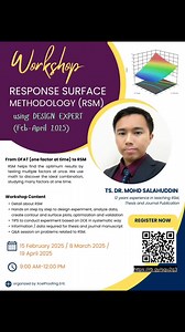 OPEN FOR REGISTRATION 2025 INTENSIVE WORKSHOP ON RESPONSE SURFACE METHODOLOGY (RSM) USING DESIGN EXPERT/MINITAB So far we have conducted 14 series of Intensive Workshop for Design Expert and MINITAB. We helped over 120 participants from various institution/universities to design their experiment, analyze data, interpret results and select suitable results for their thesis and journal paper. Join us NOW!!! DESIGN EXPERT : 15 FEB 2025 / 8 MAR 2025 / 19 APRIL 2025 Time : 9am - 12pm Venue : ONLINE R