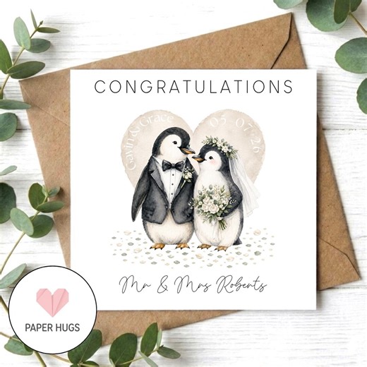 Personalized Penguin Wedding Card, Custom Mr and Mrs Congratulations Card, Watercolour Penguin Bride and Groom, Whimsical Wedding Keepsake - Etsy