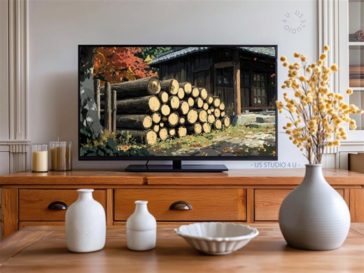 Rustikales Cottage Firewood Stack Frame TV Art, Herbst ländliche japanische Landschaft, gemütliches Bauernhaus Dekor, warm malerisch Digital Download 585 - Etsy.de