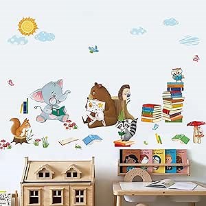 decalmile Animals Reading Educational Wall Decals Elephant Bear Squirrel Wall Stickers Kids Bedroom Children Classroom Daycare Wall Decor