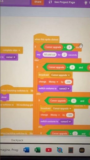 Creating clicker game on scratch, full video on my channel.