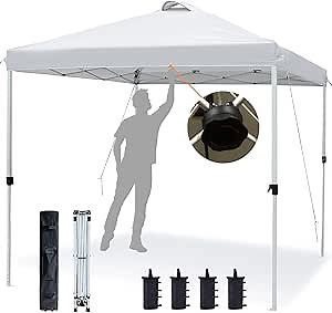 AsterOutdoor 10'x10' Pop Up Canopy with Adjustable Leg Heights Wheeled Carry Bag, Sandbags, Stakes and Ropes, White