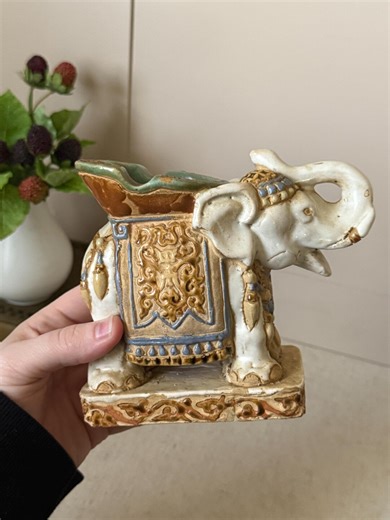 Vintage Ceramic Elephant Figurine • Gold & Blue Accent Planter - Etsy