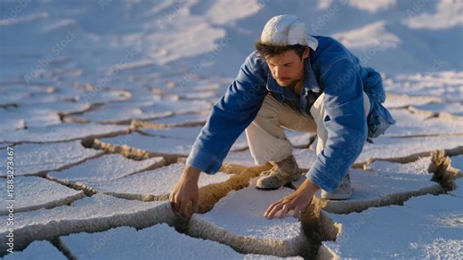 A remote winter geologist studying frost heave patterns in cracked soil, measuring ground shifts linked to climate change using handheld sensors. cinematic color correction, natural uneven lighting