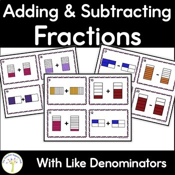Math Visually Adding and Subtracting Fraction Task Cards for Valentine's Day
