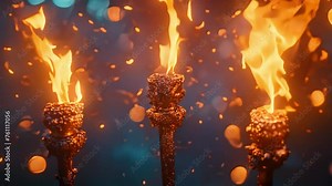 group of fire torches, fire torches at night, dark background
