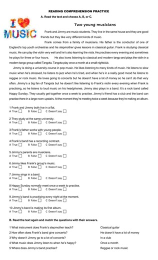Reading Comprehension A2 worksheet