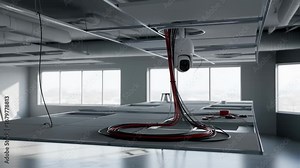Interior view of an empty room featuring robotic PTZ camera wiring laid out above ceiling panels preparing for final camera mounting and system testing.