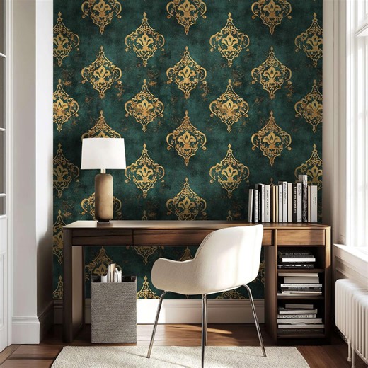 Vintage Damask Pattern Wallpaper in Dark Green With Gold Wallpaper Details for Victorian Wallpaper and Gothic Wallpaper Interiors - Etsy UK