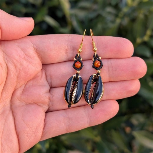 Cowrie Shell Earrings With Fire Agate, Boho Shell Gemstone Earrings, Festival Jewelry - Etsy