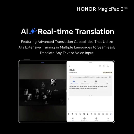 Enjoy the convenience of real-time translation feature on the #HONORMagicPad2 🌎🌟 Whether you're students or professionals, the real time translation feature on the HONOR notes instantly bridges language barriers by translating spoken content into your preferred language, ensuring nothing is lost in translation. Switch to Magic! Now available nationwide at RM2,799 and enjoy a free Magic Pencil and Keyboard worth RM898* https://bit.ly/MagicPad2-a6FB *T&Cs Apply. While stocks last. #HONOR #HONORM