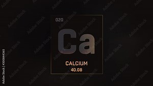Calcium as Element 20 of the Periodic Table. Seamlessly looping 3D animation on grey illuminated atom design background with orbiting electrons. Design shows name, atomic weight and element number