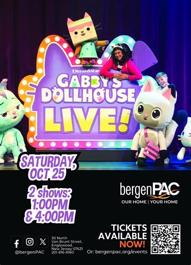 Gabby's Dollhouse Live! Presented by Walmart, at bergenPAC (Bergen Performing Arts Center) is a brand-new stage show inspired by the magical world of the global preschool sensation from DreamWorks Animation. In this a-MEOW-zing musical show, Gabby unboxes a special acorn that needs the magical touch of a rainbow to grow. But when CatRat causes a color cat-astrophe and breaks the rainbow, Gabby and the Gabby Cats must find the colors again to set things right. Gabby, Pandy Paws and friends travel