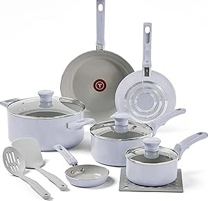 T-Fal Refresh Ceramic Nonstick Cookware Set, 12-Piece Nonstick Cookware, Oven Safe to 350°F, Stockpot, Griddle, Frying Pans, Utensils, Ceramic Pots and Pans Set, Blue