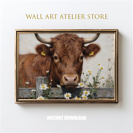 Rustic Shaggy Brown Cow Portrait - Farmhouse Charm, Detailed Country Decor, Warm Realistic Wall Art, Printable Pastoral Painting 183 - Etsy