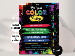 Rep Your Color Birthday Invitation: Editable Color Splash Party Template (5x7 Inches, Digital Download) - Etsy