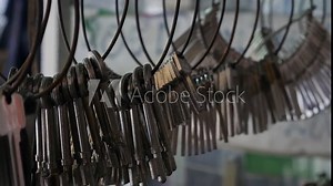 Multiple Duplicate Keys Hanging on Wire Rings at Locksmith Shop - Key Cutting and Duplication Service Business
