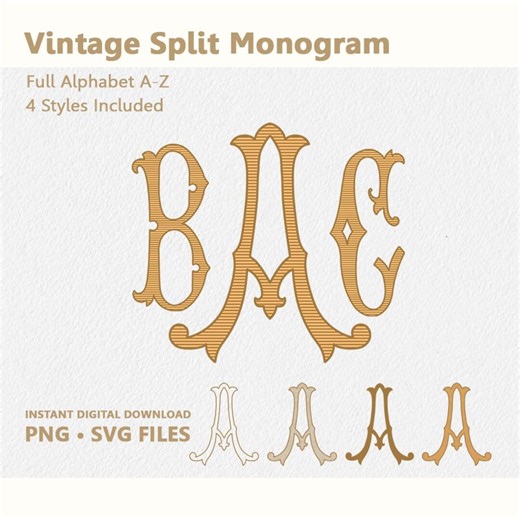 Vintage Split Monogram Alphabet A-Z | SVG PNG | 4 Styles | Cricut Silhouette | Digital Download - Etsy