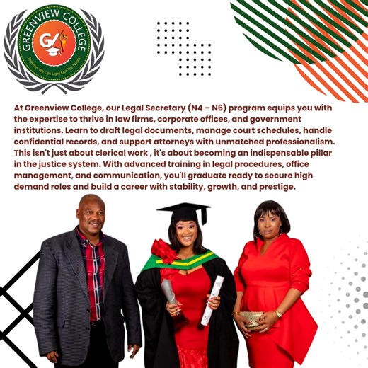 Legal Secretary (N4 - N6)✨ Step Into the World of Law, Where Opportunity Meets Ambition!📚 Are you ready to take your place at the heart of the legal system? At Greenview College, the Legal Secretary (N4-N6) program gives you the power to transform ambition into action. From drafting critical legal documents to managing high-stakes case files, you'll gain the skills top law firms demand. This isn't just training, it's your launchpad to a respected career, with doors open to legal practices, corp