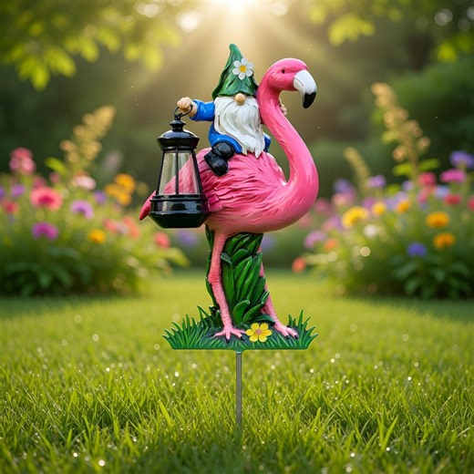 Gnome Riding Flamingo Metal Garden Stake, Funny Lawn Ornament, Outdoor Bird Yard Art, Pink Flamingo Decoration