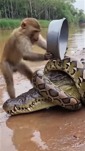 BONK! 🍳 Monkey With a Pan Saves Crocodile from Python Attack!