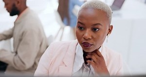 Office, work and black woman at computer thinking and focus on online business report in corporate South Africa. Digital marketing, web and woman working on proposal idea for advertising campaign.