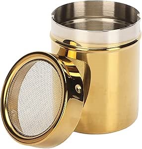Stainless Steel Powder Shaker Powder Sugar Shaker,Gold Fine Mesh Powder Sugar Shaker Stainless Steel Sugar Shaker for Lid for Sifter Cocoa,Cinnamon Powder,Coffee Sugar Shakers