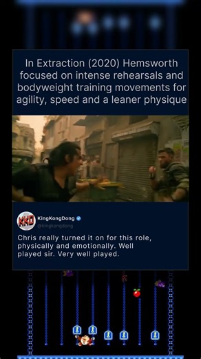 In Extraction (2020) Hemsworth focused on intense rehearsals and bodyweight training movements for