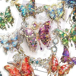 Aromoty Butterfly Stickers Set (120 Pieces with 6 Themes)-Gorgeous Crystals Holographic Transparent Resin Waterproof Sticker Decals for Scrapbook Supplies Junk Bullet Journals Laptop Crafts Decor