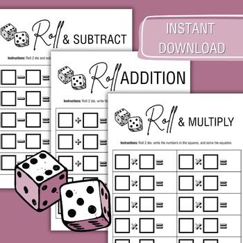 Roll and Add, Subtract or Multiply Printable Math Game Worksheets | Math Fluency