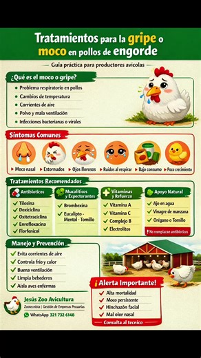 “Tratamientos para la gripe o moco en pollos de engorde” presenta una guía práctica y sencilla dirigida a productores avícolas, con el objetivo de identificar, tratar y prevenir problemas respiratorios en pollos de engorde. En ella se explica de forma visual qué es el moco o la llamada gripe aviar de campo, destacando que se trata de un problema respiratorio frecuente, asociado principalmente a cambios bruscos de temperatura, corrientes de aire, polvo, mala ventilación e infecciones bacterianas