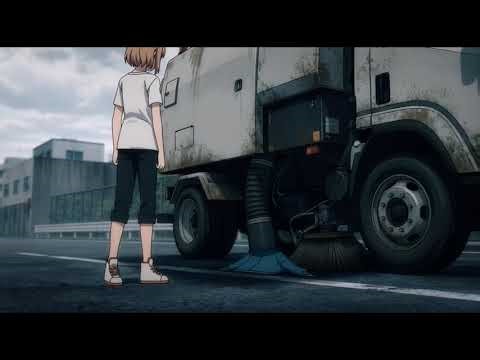 [7/10] A vacuum street sweeper truck sucks up trash and a sweater.